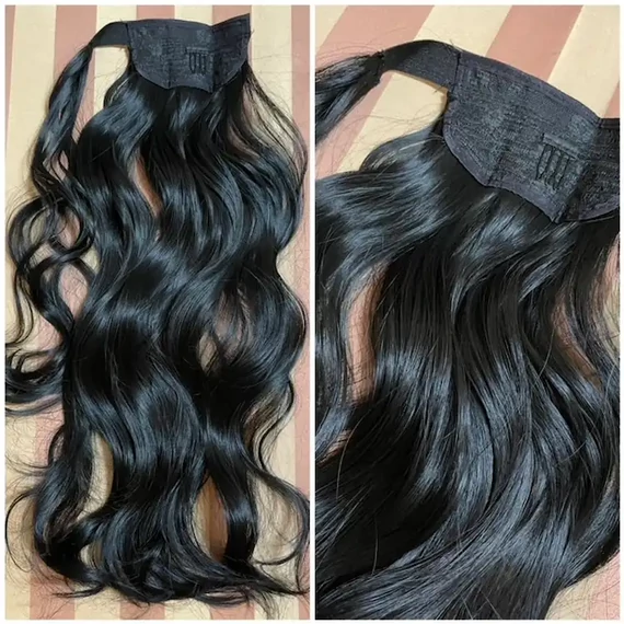 Fekete I. osztályú vasalható hullámos szintetikus copf 60cm (1)