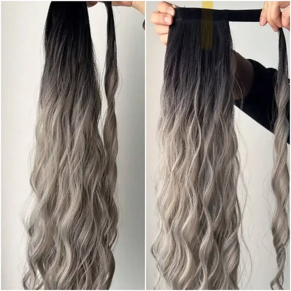 Ombre fekete-hamvas vasalható I. osztályú, hullámos 55cm szintetikus copf (7)